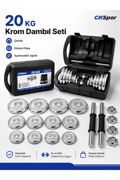 CKSpor 20 Kg Krom Dumbell Seti Çantalı Döküm Plaka Dambıl Seti