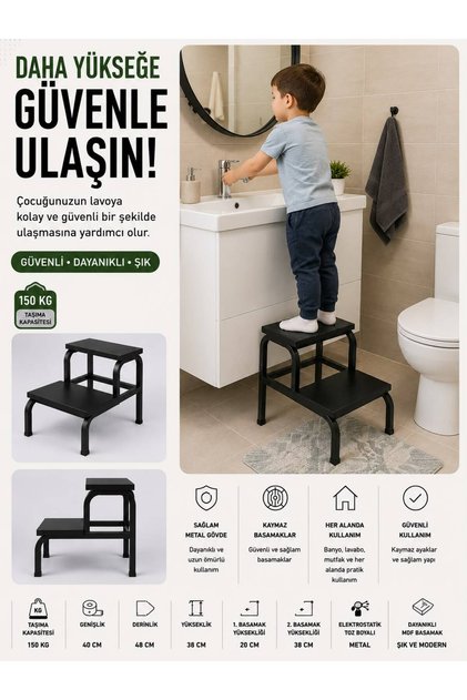 2 Basamaklı Metal Gövde Ahşap Basamak- Tabure Çocuk Banyo Wc Lavabo Merdiven Yükseltici