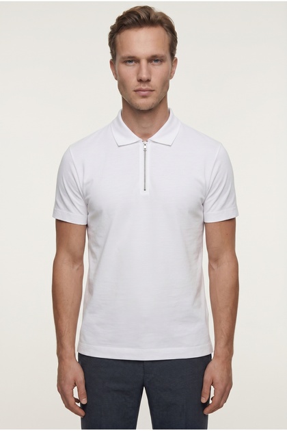 Slim Fit Beyaz Yarım Fermuarlı Polo Yaka Yazlık T-Shirt