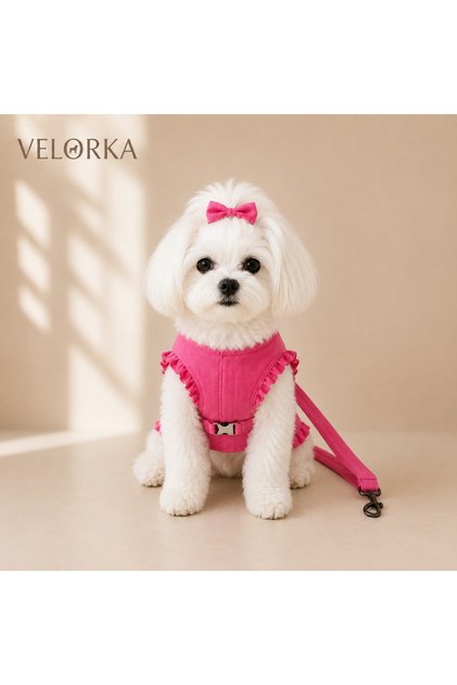 Velorka Pembe Fırfırlı Köpek Göğüs Tasması Ve Kayış Seti