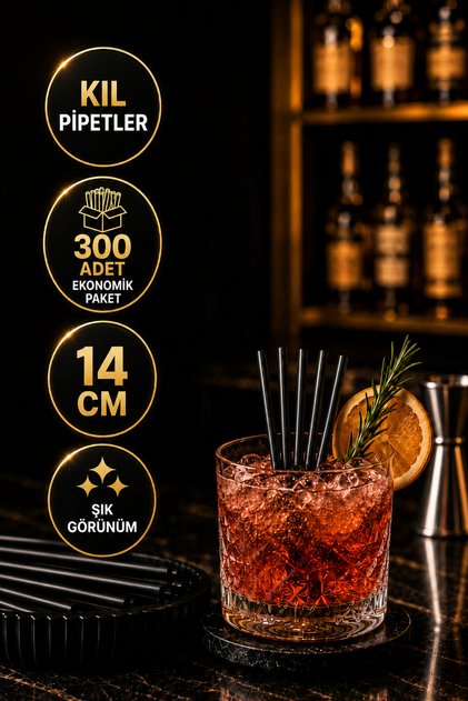 Siyah Ince Kokteyl Pipeti Kıl Pipet 300 Adet 14 Cm 4 Mm