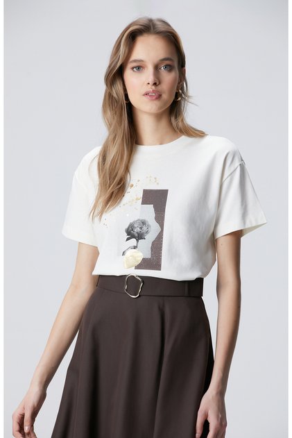 Kırık Beyaz Baskılı T-shirt