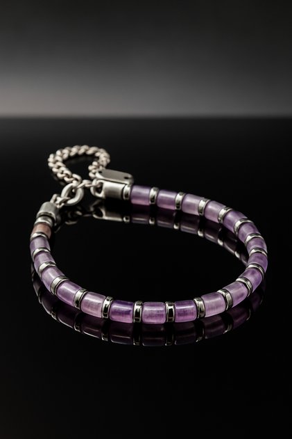 Men's Steel Bracelet - Purple Amethyst Natural Stone Women's Men's Steel Bracelet