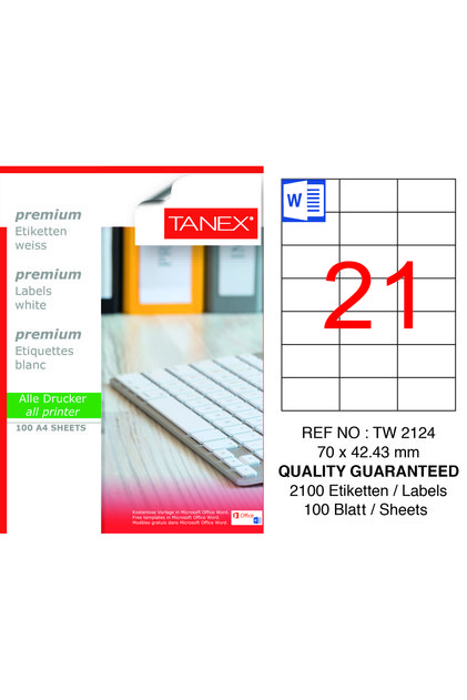 Laser Label Tw-2124 100 A4 Sheets Laser Label 70 X 42 Mm Size 24 Labels in 1 A4 Sheet