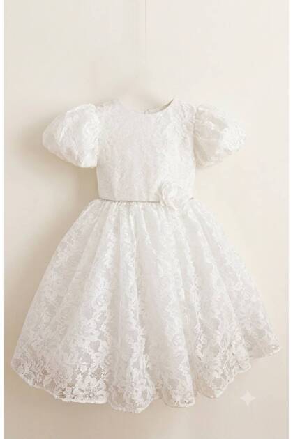 Girl's White Lace Stone-Embellished Fluffy Evening Dress | Graduation - Wedding - Special Occasion Dress | Toka Gift (5–11 Years)