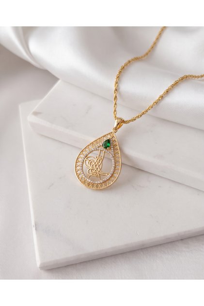 ALTIN KAPLAMA BÜYÜK ZİRKON TAŞLI OSMANLI TUĞRASI GOLD KOLYE