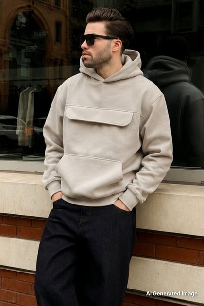 Gefärbtes graues Fleece-Herren-Sweatshirt mit Kapuze und Taschendetail 7097