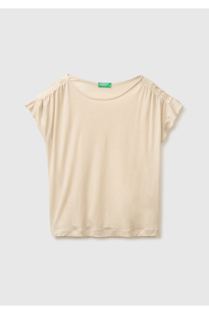Women's Stone Linen Lyocell Blended T-Shirt with Gathered Shoulder Detail