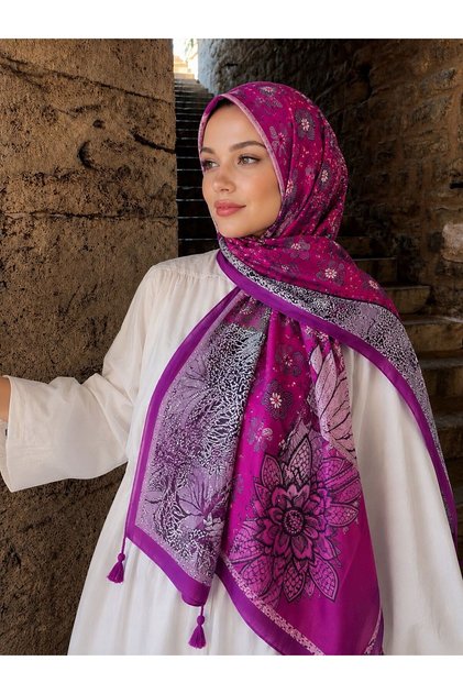 15077 Çiçek Desenli Fuşya Şal