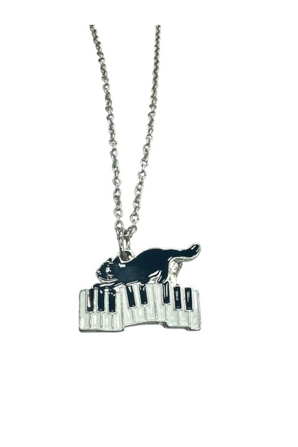 Piano Black Cat Figured Metal Necklace – 60 cm Chain – Music and Animal Themed Unisex Jewelry