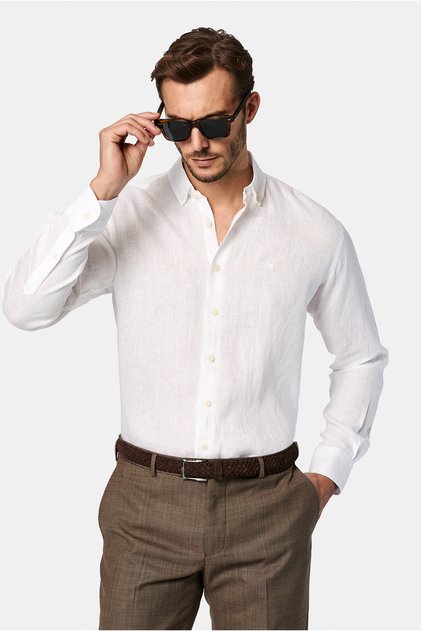 Long Sleeve Regular Fit Buttoned Collar Linen Shirt