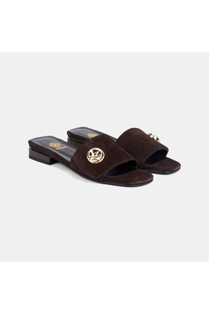Women's Bitter Brown Suede Slippers with Gold Accessories