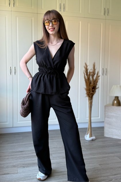 Black Linen Suit with Tie Detail