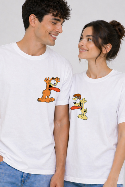 Garfield Bestie Printed Lover Combination T-Shirt Set of 2 Oversize Unisex Cotton Black and White Couple Tshirt
