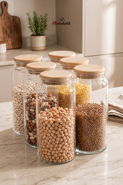 6-Piece Set of Large Size 1440 ml Vacuum Glass Storage Containers with Wooden Lids