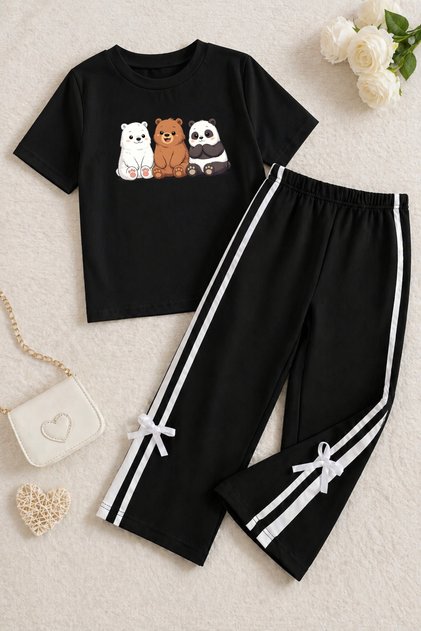 Black Girls' Cute Teddy Bear Print Short Sleeve T-Shirt Bottom Top Set – Striped Comfortable Casual Sports Combination