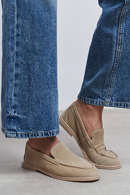 NİŞANTAŞI SHOES Nada Bej Hakiki Süet Deri Düz Taban Kadın Loafer