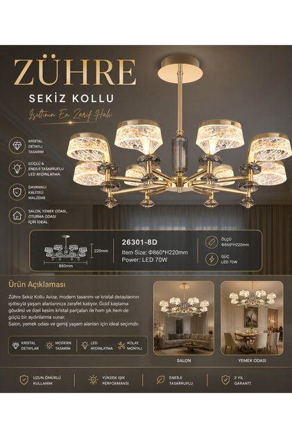 ZÜHRE Modern Şık Lüks Avize 8 Li