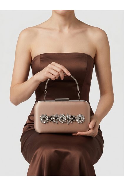 Beige Color Z.A.R.A. Satin Crystal Stone Embroidered Chain Women's Evening Dress Bag Wedding Engagement Graduation