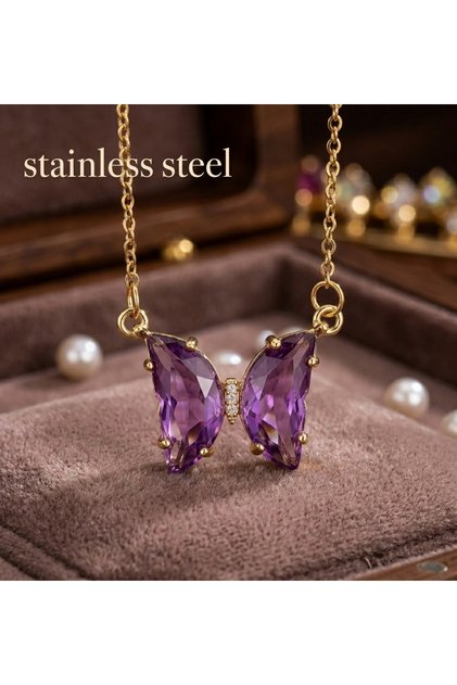 Lilac Stone Butterfly Model Tarnish-Resistant Steel Necklace with Gold Color Chain