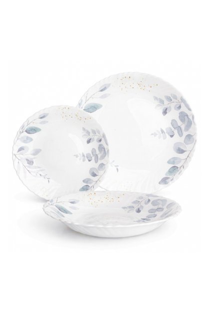 Set de masă pentru 6 persoane, 18 farfurii albe Opal cu decor gri LH7052C JGR