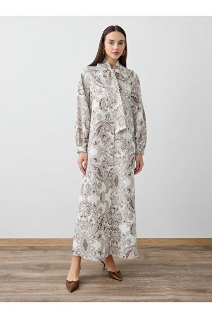 Shawl Patterned Hijab Dress with Collar Tie Detail -