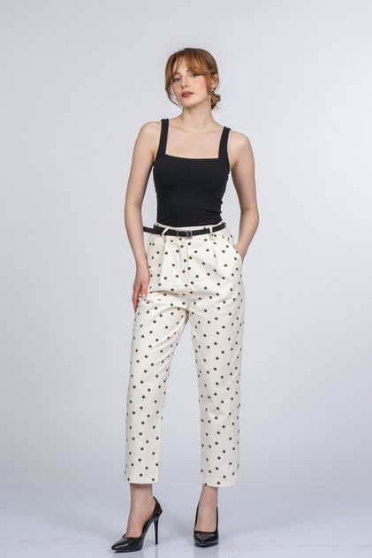Women's Summer Ecru-Brown Arielle Belted Polka Dot Patterned Stylish Casual Comfortable Pants 30396