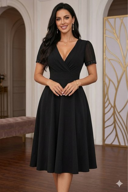 New Season Women's Short Sleeve V-Neck Short Janjan Crepe Dress with Tulle Stone Detail on the Sleeves