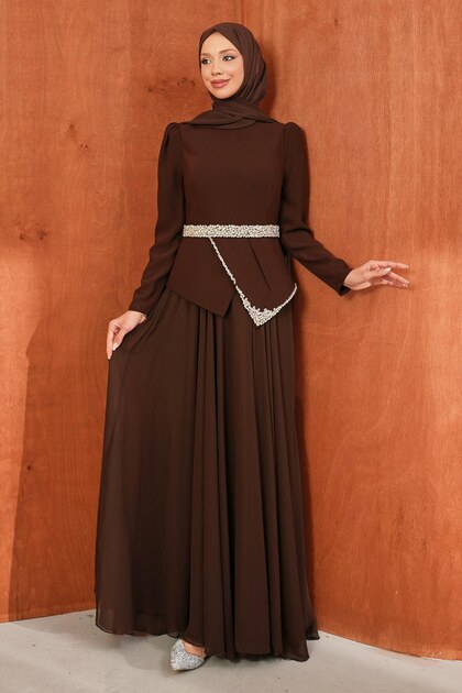 Brown Stone Detailed Belted Evening Dress