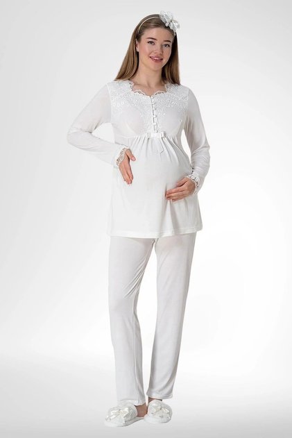 Women's Long Sleeve Laced Maternity Pajama Set 80% Cotton, 20% Viscose