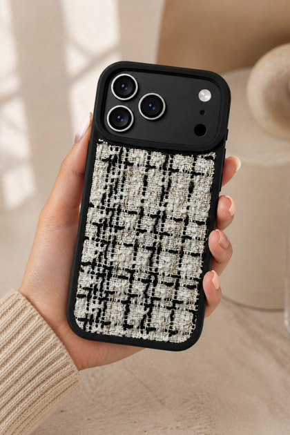 iPhone 17 Pro / 18 Pro Uyumlu Tweed Kumaş Dokulu Kamera Korumalı Retro Silikon Telefon Kılıfı