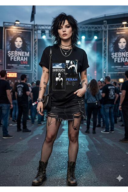 Unisex Şebnem Ferah Baskılı Oversize Bisiklet Yaka Siyah T-shirt