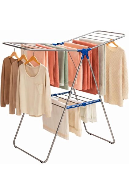 132cm Clothes Drying Rack Stainless Steel, 2-Tier Clothes Drying Stand, Foldable Laundry Standing Dry Racks [Heavy Duty] with Anti Slip Legs forn Indoor and Outdoor Use