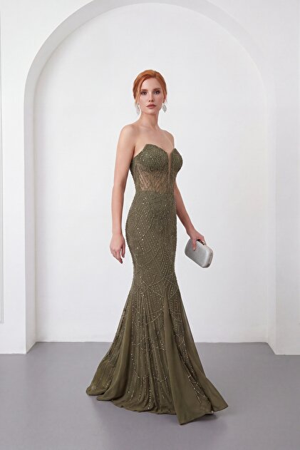 Lafaba Women's Khaki Strapless Neckline Beaded Long Promise Engagement Evening Dress