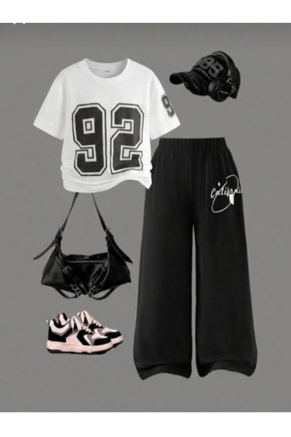 Summer girl's 92 printed t-shirt and pants two-piece set.