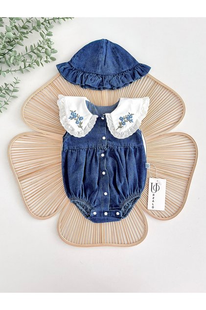Jena Summer Jean Premium Vintage Collar Embroidered Lace Baby Girl Denim Romper Jumpsuit and Hat Set