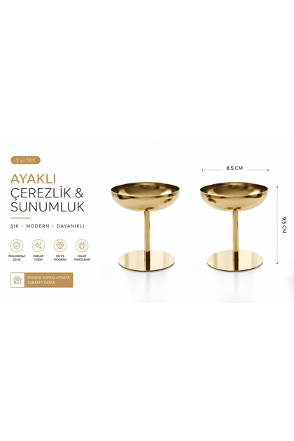Paslanmaz Çelik Ayaklı Çerezlik & Sunumluk Kase 2’li Set – 8,5 cm
