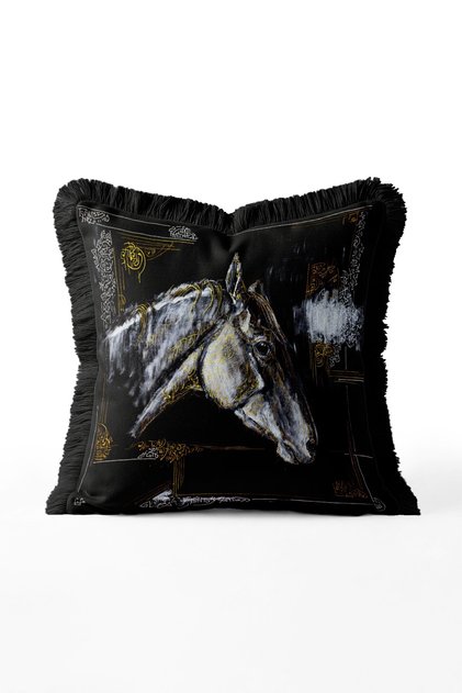 Hat Art Detailed Horse Portrait Fringed Throw Pillow Cover - Vintage Cover with Black Tassels