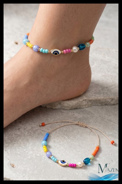 Colorful Eye Beaded Adjustable Anklet | Beaded Anklet Women's Accessory