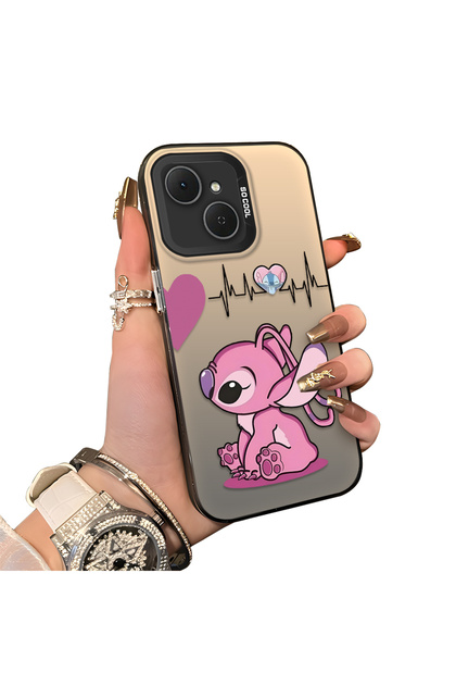 Tecno Spark 40C Compatible Stitch Couple Pattern Case Hard Acrylic Back Silicone Edge Lens Protection