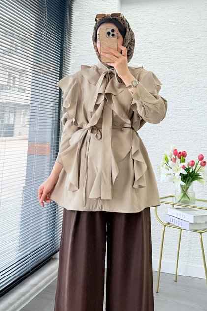 Premium Collared Blouse with Flywheel Detail – Khaki