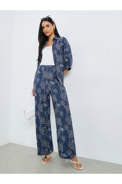 Navy Blue Floral Print Shirt and Trousers Co-Ords