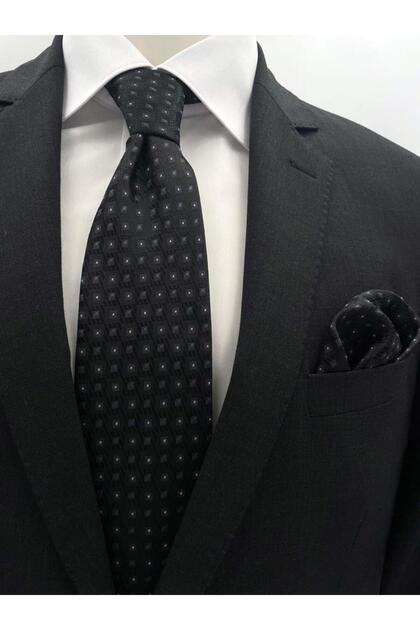 8 cm Black Gray Patterned Tie and Handkerchief Set