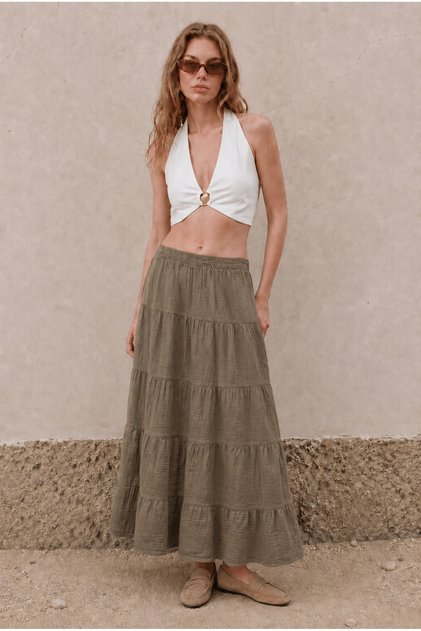 Women's Muslin Fabric Layered Maxi Skirt with Elastic Waist