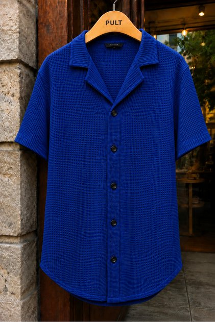 Men's Waffle Textured Short Sleeve Shirt Slim Fit Buttoned Polo Collar Oval Hem Summer Casual Shirt