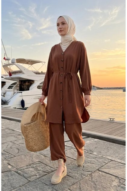 Modal Fabric Button Detailed Double Suit 2268-01 Brown