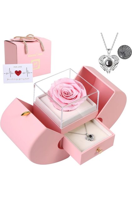 Preserved Rose Set with I Love You 100 Languages Necklace, Eternal Flower Gift Box for Women Mom Wife Girlfriend, for Christmas Valentine's Day