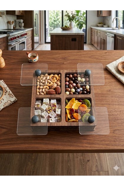 Kişiye Özel Premium Ahşap İkram Sunum Kutusu 4 Bölmeli Şeffaf Kapaklı Lüks Çerezlik, Çikolata ve Lokumluk Standı Kafe ve Ev Hediyesi Sunumluğu