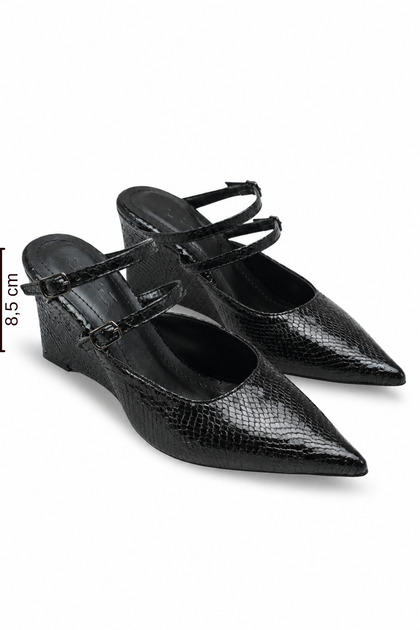 Women's Black Snake Patent Leather Metal Buckle Wedge Heeled Stiletto