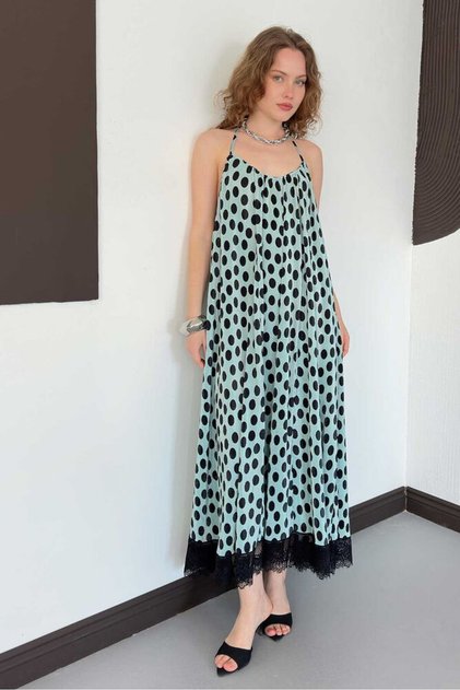 D 3069 Lace Detailed Polka Dot Pleated Dress - Mint | D3069 - Mint